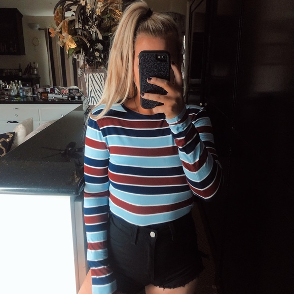 Brandy Melville Tops - Blue maroon and white striped long sleeve top